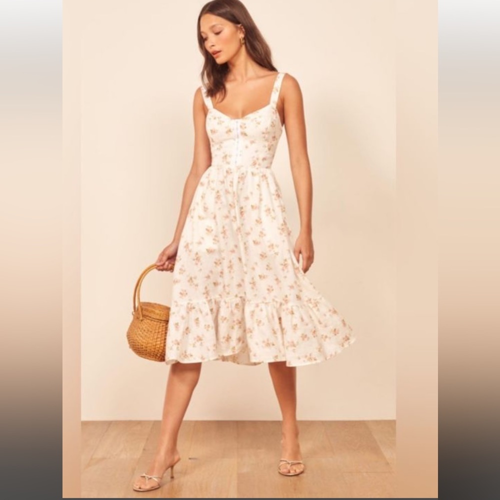Reformation White Pleated Tiered Midi Dress